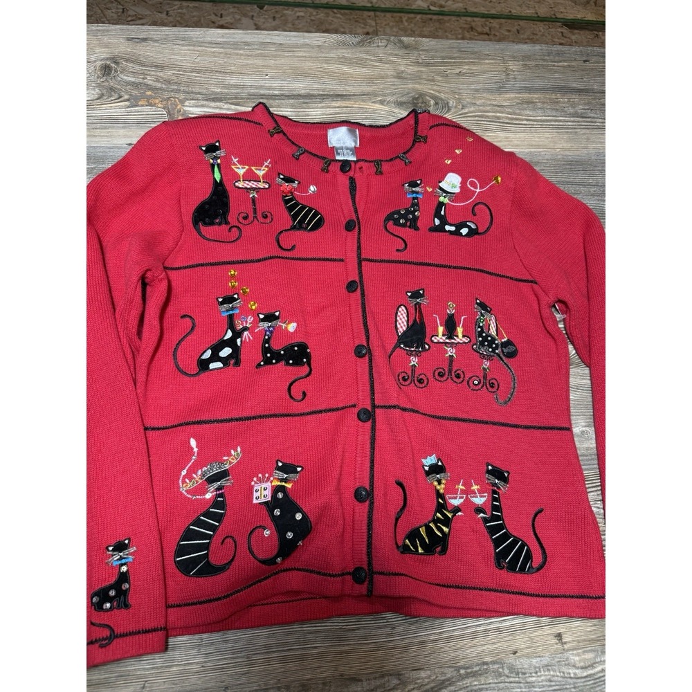 Berek‎ Vintage Red Cat Couples Celebrate Sweater Cardigan Sz L Embellished